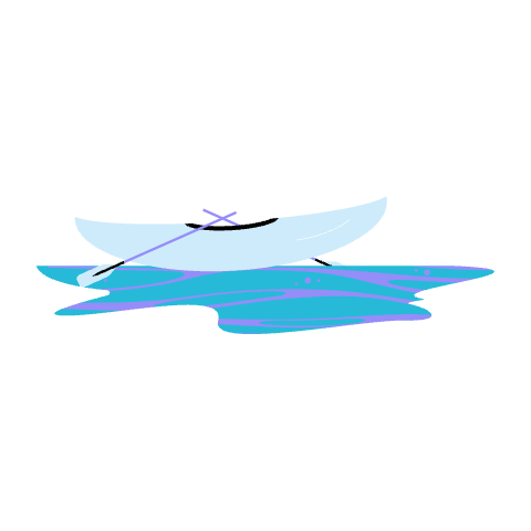 A minimal illustration of a light blue kayak with a paddle, floating on stylized blue and purple water, evokes the serene experience of a kayak snorkeling tour in Maiori, set against a plain white background.