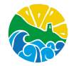 A circular graphic for the Amalfi Outdoor Experience logo, featuring a stylized sun, green hills with a small building, and blue ocean waves, all separated by white lines.