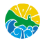 A circular graphic for the Amalfi Outdoor Experience logo, featuring a stylized sun, green hills with a small building, and blue ocean waves, all separated by white lines.